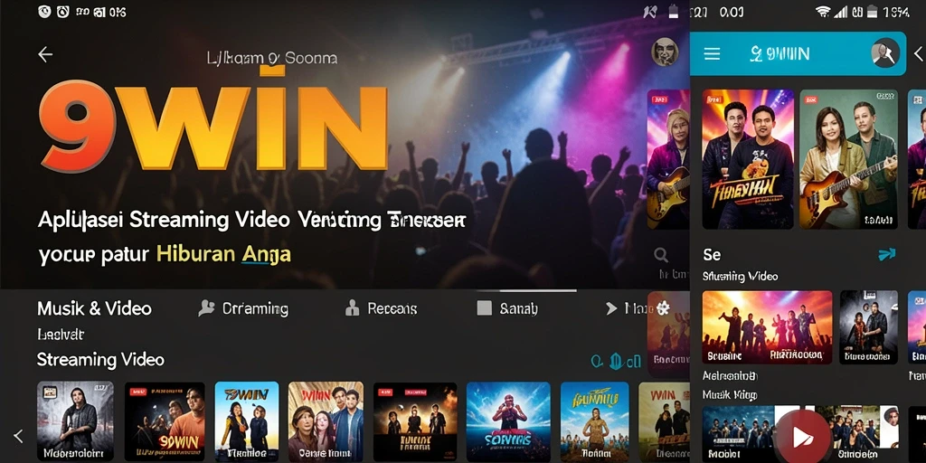 Screenshot antarmuka aplikasi 9WIN menampilkan pilihan video dan musik yang beragam.
