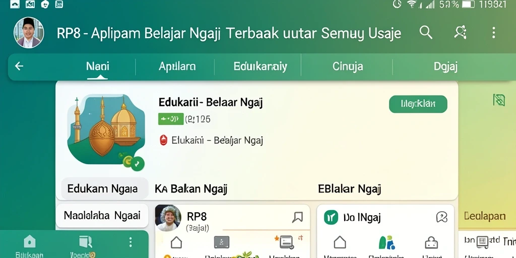 Tampilan antarmuka aplikasi RP8 untuk Belajar Ngaji yang menarik.